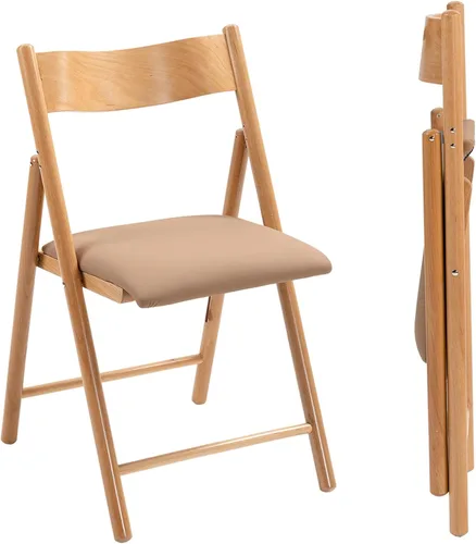 Juego de 2 sillas plegables, sillas de comedor plegables de madera con cojín de piel sintética, paquete de 2 sillas portátiles y apilables para Caqui