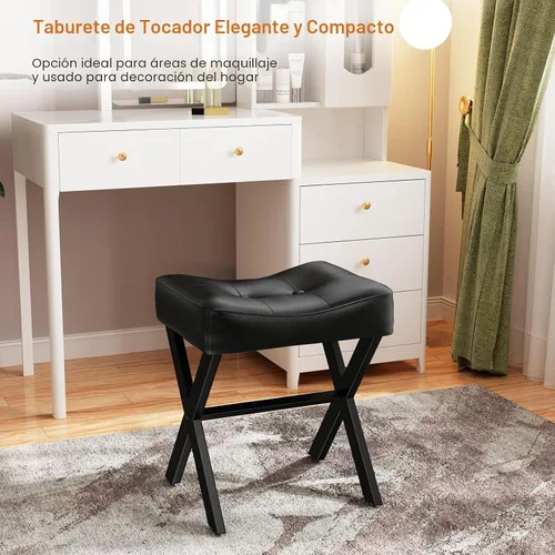 Miniatura 6 de Memobarco Taburete de tocador de cuero de 18 pulgadas, banco de tocador con patas en X de metal, taburete otomano con asiento acolchado grueso