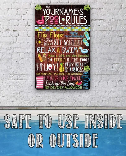 Miniatura 2 de Letreros personalizados de reglas de la piscina, letreros de metal para decoración de piscina exterior divertida - Arte de pared para decoración