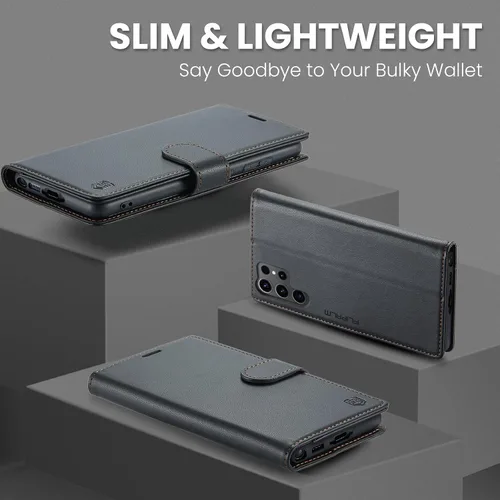 Miniatura 6 de FLIPALM Funda tipo cartera para Samsung Galaxy S23 Ultra, con bloqueo RFID, soporte para tarjetas de crédito, de piel sintética, función atril, Negro