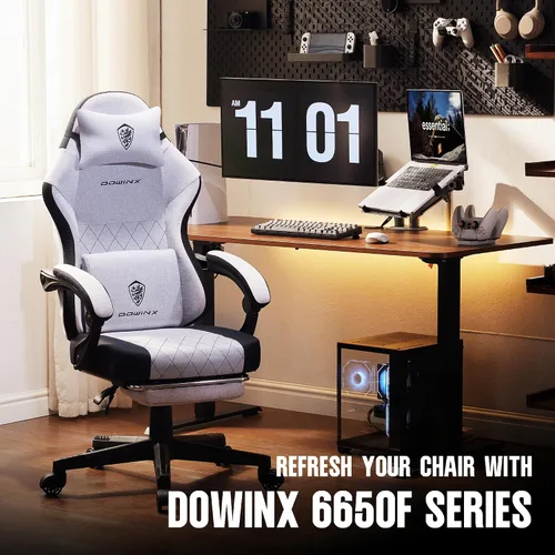 Miniatura 8 de Dowinx Silla de tela para videojuegos, silla ergonómica para computadora con reposapiés y cojín de resorte de bolsillo, silla de videojuegos de Gris