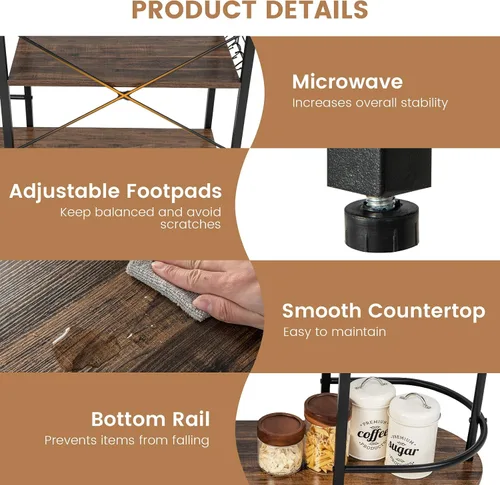 Miniatura 6 de Giantex Estante de cocina para panaderos, soporte para microondas de 4 niveles con 6 ganchos y estantes para copas, estante superior desmontable