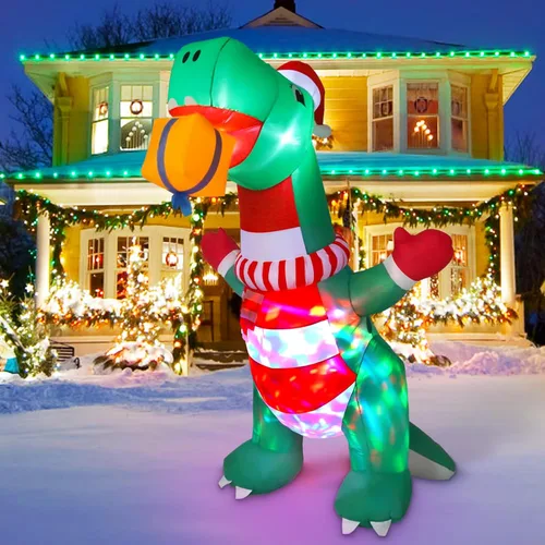 Decoraciones inflables de Navidad de 8 pies para exteriores, dinosaurio inflable de patio con sombrero navideño y caja de regalo, luces LED