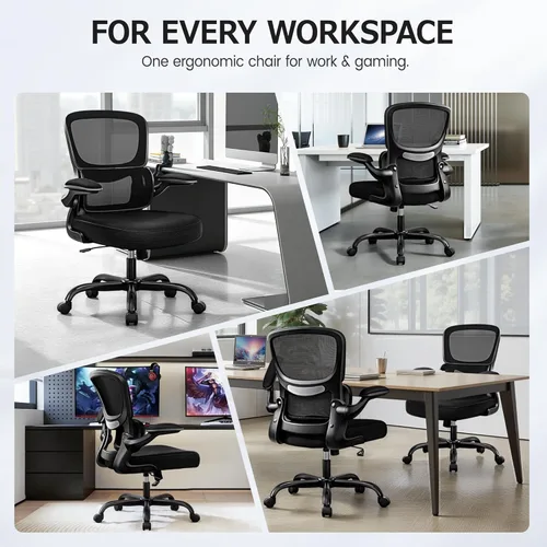 Miniatura 3 de ALLGOD Silla de oficina ergonómica, silla de escritorio ergonómica de malla transpirable con soporte lumbar, reposabrazos abatibles, sillas de Negro