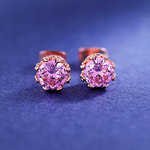 Miniatura 21 de MDFUN Aretes chapados en oro rosa para mujer, 0.236 in, corona brillante redonda, piedra natal, regalo de cumpleaños