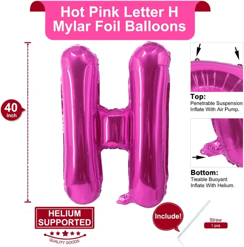 Miniatura 2 de Lovoir Globos grandes de 40 pulgadas de color rosa intenso con la letra H de gran tamaño, globo de helio de aluminio de Mylar para decoración