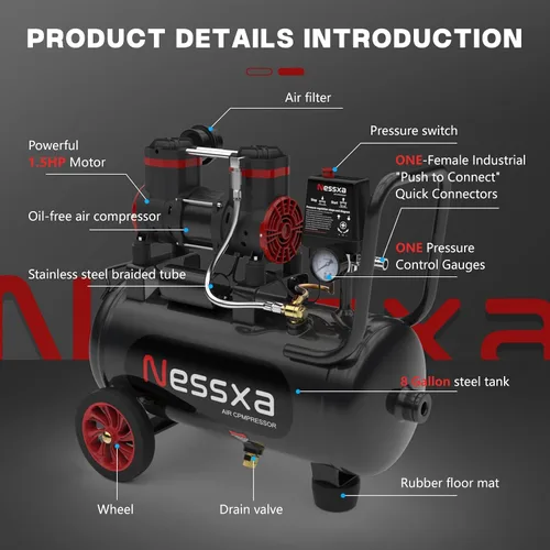 Miniatura 4 de Compresor de aire ultra silencioso de 8 galones, 1.5HP 4.52 CFM, tanque de compresor de aire sin aceite máximo de 115 PSI, 110V/60Hz, compresor