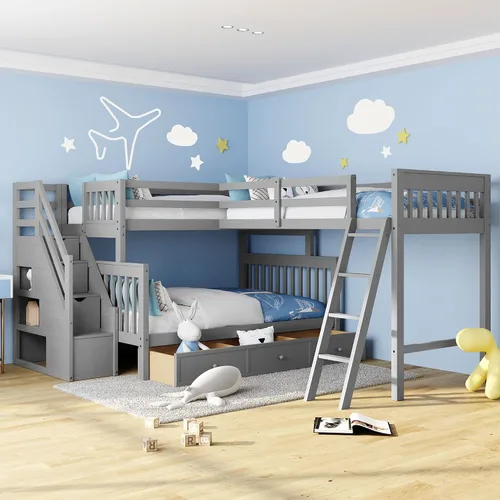 Merax Litera con un loft adjunto, estructura de cama triple con cajones, barandillas y escaleras, plataforma gris, en forma de L, individual sobre