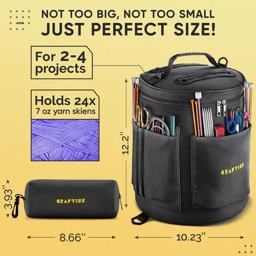 Miniatura 6 de CRAFTISS Organizador de bolsas de ganchillo y bolsa de almacenamiento de hilo, bolsa de punto y soporte de hilo con divisor extraíble, sostiene Negro