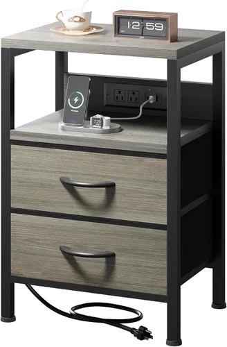 Miniatura 19 de Lazzanto Mesa de Noche Mesita de Carga para Dormitorio - Mesa de Noche con Estación de Carga, Mesita de Noche Moderna con Estante Abierto y 2