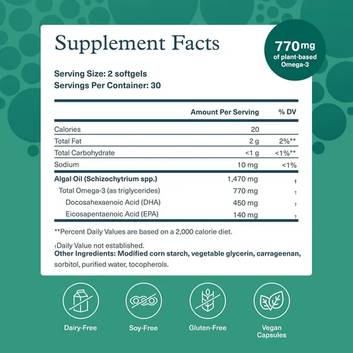 Miniatura 2 de Youtheory Omega Ocean-Friendly - Suplemento de algas Omega 3 con EPA y DHA - Apoya la salud cerebral y ocular* - A base de plantas - para dietas