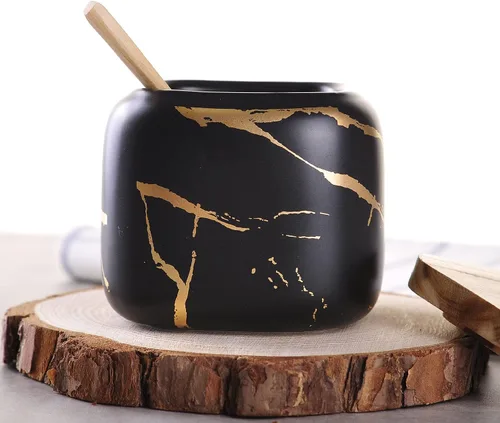 Miniatura 3 de VanEnjoy Tarro de porcelana decorativo de mármol con tapa de bambú y cuchara para condimentos para el hogar