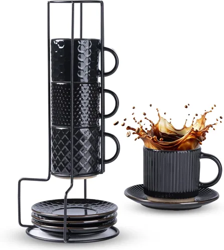 GBhome Tazas de café apilables de 6 onzas con soporte y platillo, juego de 4 tazas de café de cerámica con patrones de textura para hombre, mujer,