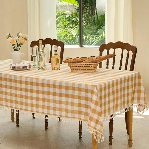 Miniatura 2 de Midsummer Breeze Mantel rectangular rectangular a cuadros de búfalo para primavera y verano, cocina, comedor (55 x 84 pulgadas, amarillo y blanco)