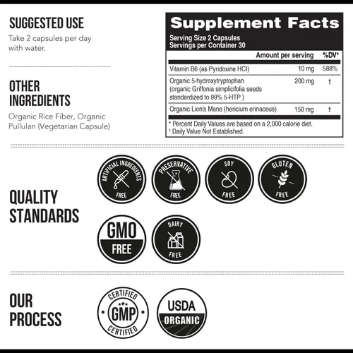 Miniatura 7 de 5-HTP Orgánico - 200 mg Concentración de 99% de 5HTP, más Vitamina B6 Cofactor y Lion’s Mane Extraído del Agua de Semillas de Griffonia
