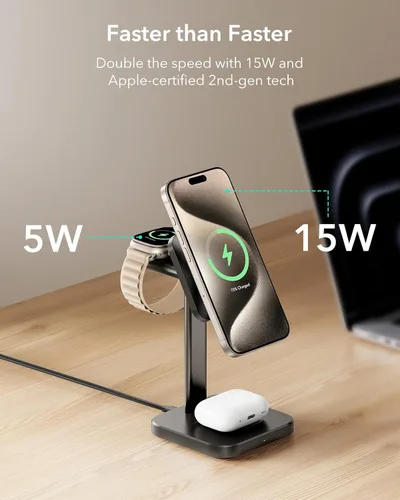 Miniatura 2 de ESR estación de carga inalámbrica 3 en 1, cargador certificado para Apple Watch, soporte de cargador MagSafe de 15W para iPhone, cargador