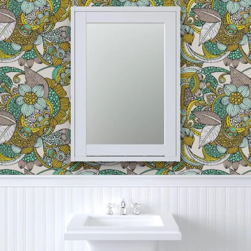 Miniatura 9 de Muestras de papel tapiz para despegar y pegar, mostaza, menta, flores, garabatos, líneas, puntos, círculos, estilo vintage, bohemio, papel tapiz