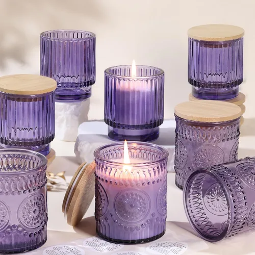 Paquete de 8 tarros de vela de vidrio morado de 7 onzas para hacer velas, suministros vacíos para hacer velas, recipientes de velas con tapas de
