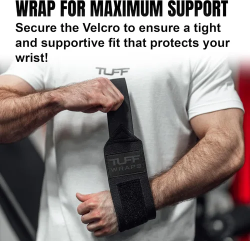 Miniatura 4 de Muñequeras TuffWraps de 16": sin presillas para el pulgar, muñequeras de gimnasio de calidad para levantamiento de pesas, press de banca