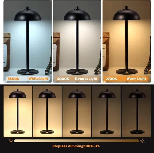 Miniatura 2 de Paquete de 2 lámparas de mesa inalámbricas recargables – Lámpara de mesa con batería de 5000 mAh, luz de mesa LED de atenuación continua de 3 Negro-2