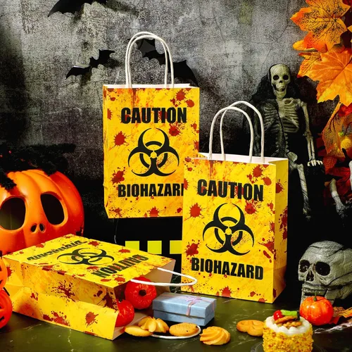 Miniatura 3 de TaoBary 24 bolsas de regalo de Halloween de peligro biológico de Halloween, bolsas de regalo de papel con asas, temática de zombies, recuerdos