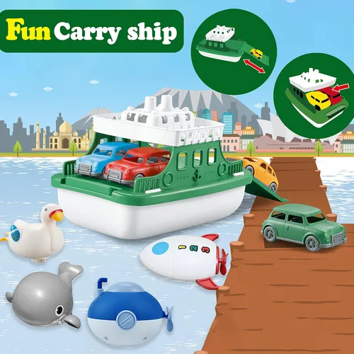 Miniatura 2 de Barco Ferry con 4 Coches y 4 Juguetes de Baño de Cuerda, Juguete de Baño para Niños Vehículo Flotante Ballenas Submarinos Cisnes Cohetes, Conjunto