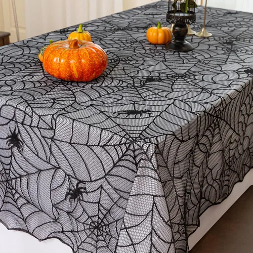Miniatura 11 de Joyfol Day Mantel de tela de araña de Halloween, mantel redondo de encaje negro de 70 pulgadas, mantel lavable y espeluznante, mesas de telaraña