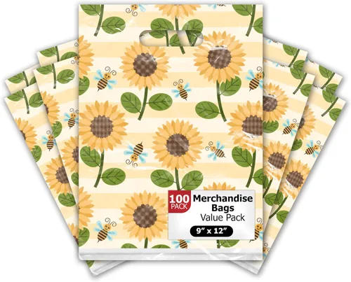 Miniatura 11 de Bolsas de mercancía de diseño de girasoles y abejas de 12 x 15 pulgadas, 50 unidades, con asas troqueladas, bolsas de compras impresas de primera