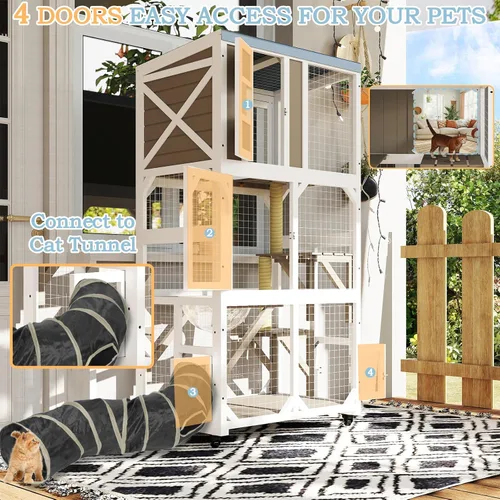 Miniatura 4 de Ketive Catio grande de madera para exteriores de 64", casa para gatos de ventana con ruedas y 3 plataformas, jaula para gatitos con techo resistente