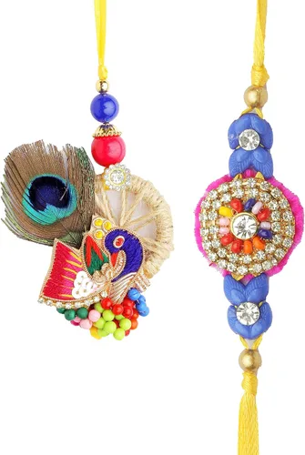 Bhai Dooj Rakhi Lumba Juego de 2 Rakhi para hermano y Bhabhi Bhaiya Bhai Rakhi Rakhi Juego de 2 pares de hilos Rakhi Dora, paquete de regalo para