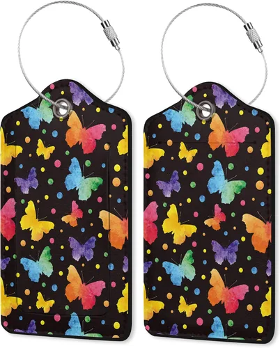 Miniatura 50 de Juego de 2 etiquetas de cuero para equipaje con diseño de mariposas y loto, cubierta de privacidad, etiqueta de maleta con lazo de acero inoxidable