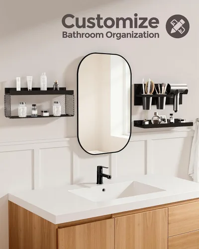 Miniatura 4 de Puricon Estantes flotantes de baño con soporte para secador de pelo, juego de organizadores de madera rústica de 3 niveles montados en la pared