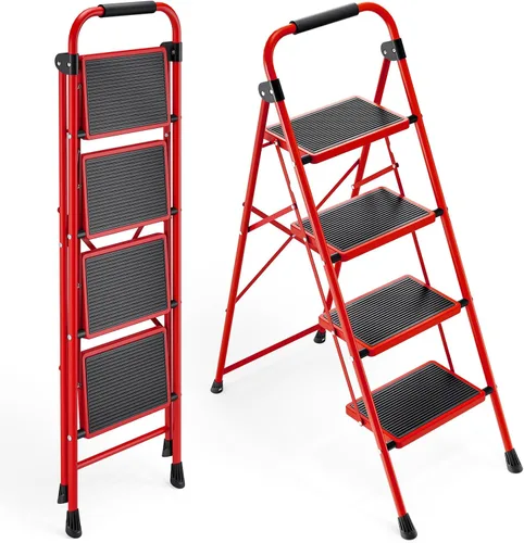 Miniatura 11 de KINGRACK Escalera plegable de 3 escalones con pedal antideslizante y ancho, portátil, plegable, alta y resistente con asa para el hogar, cocina