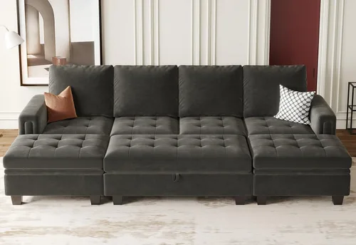 Miniatura 10 de Belffin Sofá cama modular convertible de terciopelo de 4 asientos con diván reversible, sofá cama seccional con almacenamiento otomano seccional