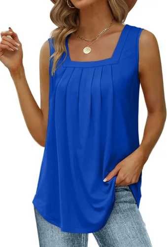 Miniatura 191 de Saloogoe - Camisetas sin mangas veraniegas para mujeres, plisadas con cuello cuadrado y dobladillo curvado, blusas de ajuste holgado con movimiento