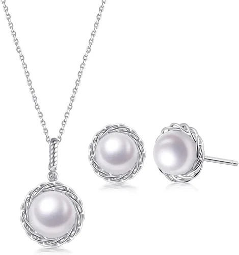 immobird Pearl Set Jewelry for Women Sterling Silver Real Pearl Earrings and Necklace Set for Women Pearl Bridal Jewelry Set for Wedding