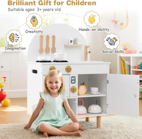 Miniatura 6 de Costzon Juego de cocina para niños, cocina con estufas, grifo, fregadero, microondas, gabinete, horno y accesorios de cocina, cocina de madera
