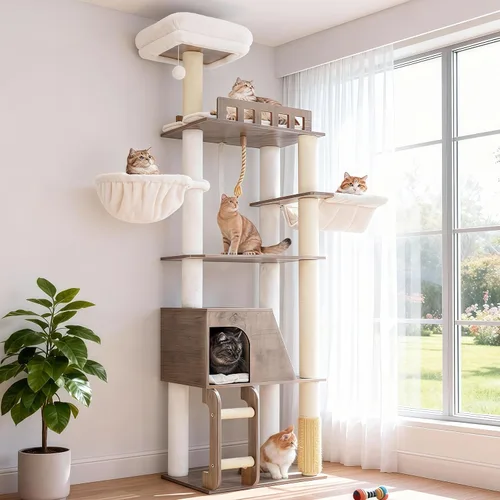 Hey-brother Árbol de madera para gatos, torre de muebles para gatos de 69.7 pulgadas con plataformas grandes, hamacas, condominio espacioso, postes
