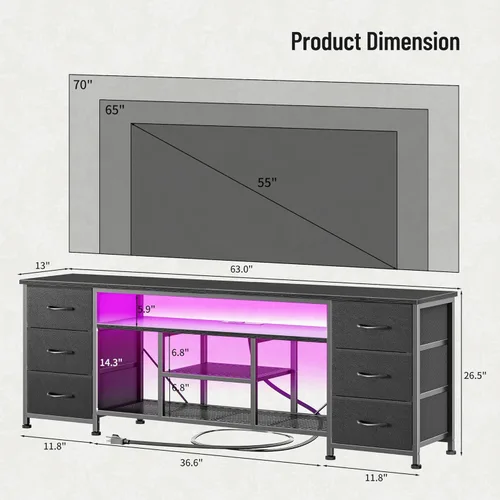 Miniatura 3 de Furologee Soporte de TV LED para TV de 65, 70 pulgadas, centro de entretenimiento de 63 pulgadas con tomas de corriente, cómoda de 6 cajones de tela