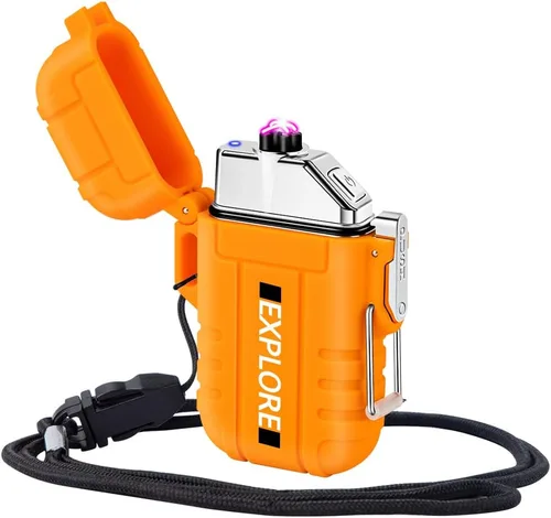 LcFun Encendedor Eléctrico - Recargable por USB C, a Prueba de Viento e Impermeable, Encendedores de Plasma de Arco Dual Sin Llama con Cordón Naranja