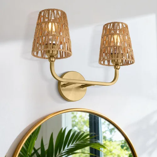 Miniatura 7 de VL837-BG-RA-2 - Lámparas de baño de 2 luces, luces de ratán dorado cepillado, aplique de doble pared con pantalla tejida a mano acampanada, apliques