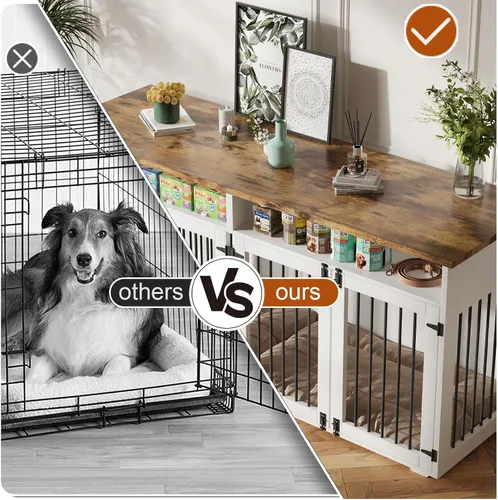 Miniatura 3 de Jaula para perros de 72 pulgadas para 2 perros, jaula de madera para perros con compartimento de almacenamiento, perrera de interior con 4 puertas