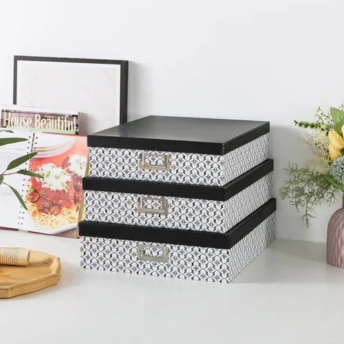 Miniatura 6 de Soul & Lane Cajas de almacenamiento decorativas en blanco y negro con tapas para organizar, juego de 3 cajas de almacenamiento jumbo para álbumes