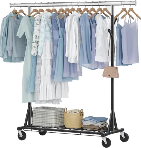 Miniatura 12 de Hoctieon Perchero de doble varilla de montaje en 2 minutos, estante resistente para ropa con ruedas, plegable para uso comercial, barra extensible