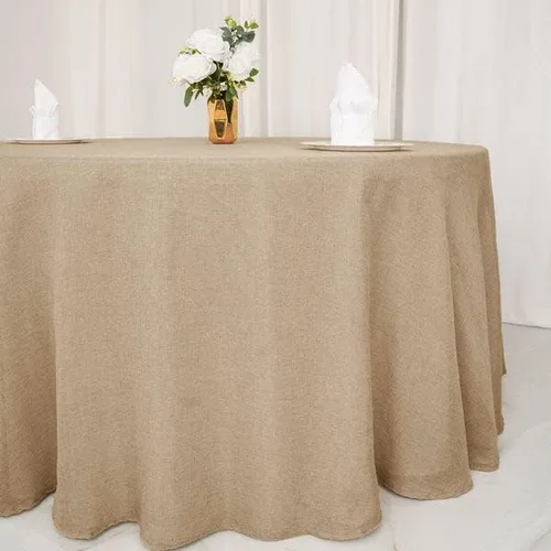 Miniatura 6 de Balsa Circle Mantel redondo natural de arpillera sintética de 108 pulgadas para bodas, recepciones, fiestas, eventos, catering