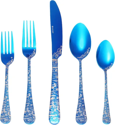 Juego de Cubiertos Wave de 20 Piezas, Juego de Cubiertos de Acero Inoxidable, Servicio para 4, Utensilios para Hogar, Cocina, Boda, Grabado Láser,