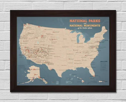 Miniatura 9 de Póster de mapa de parques y monumentos nacionales de EE. UU., 18 x 24 pulgadas, color marrón y azul pizarra
