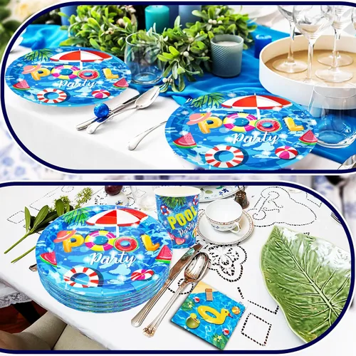 Miniatura 6 de Juego de 175 piezas de suministros para fiesta de piscina, juego de fiesta de playa de 9 pulgadas, platos de fiesta de piscina, 7 pulgadas, plato