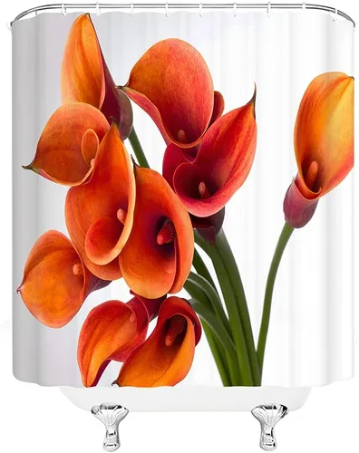 Miniatura 2 de Cortina de ducha de flores naranjas, naranja quemado, lirio de cala, floral, hermoso, romántico, primavera, plantas creativas, tela de poliéster