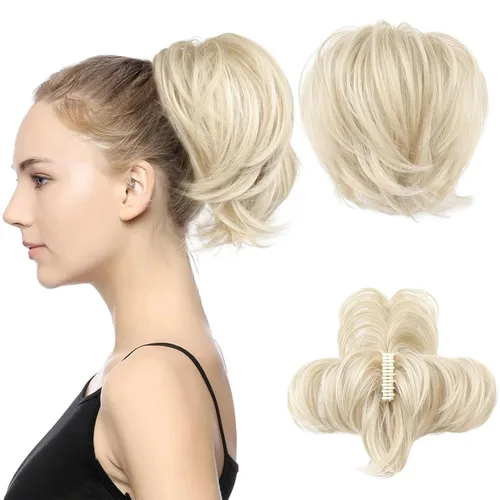 Miniatura 15 de HOOJIH - Pieza de cabello con moño desordenado, clip de garra en moño de cabello liso de 9 pulgadas, extensión de cola de caballo corta con alambre